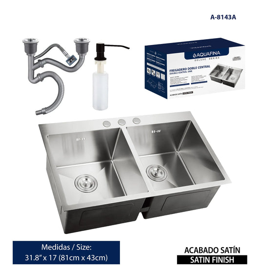 LAVATRASTO CUADRADO DOS POSETAS+ ACCESORIOS ACERO INOXIDABLE A-8143A AQUA FINA
