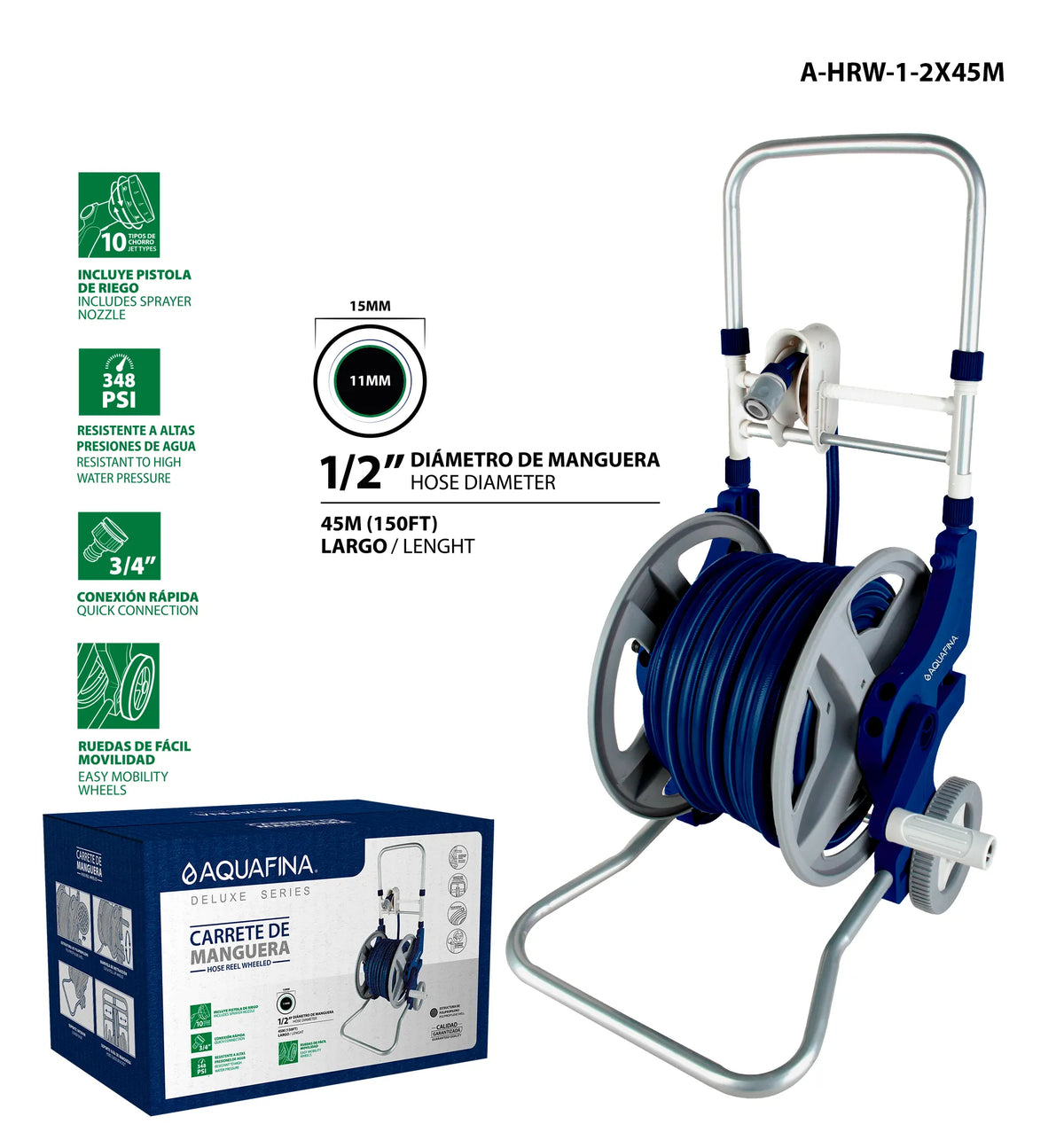 ORGANIZADOR CARRETE DE MANGUERA CON RODO 1/2 PLG X45M AQUAFINA A-HRW-1-2X45M