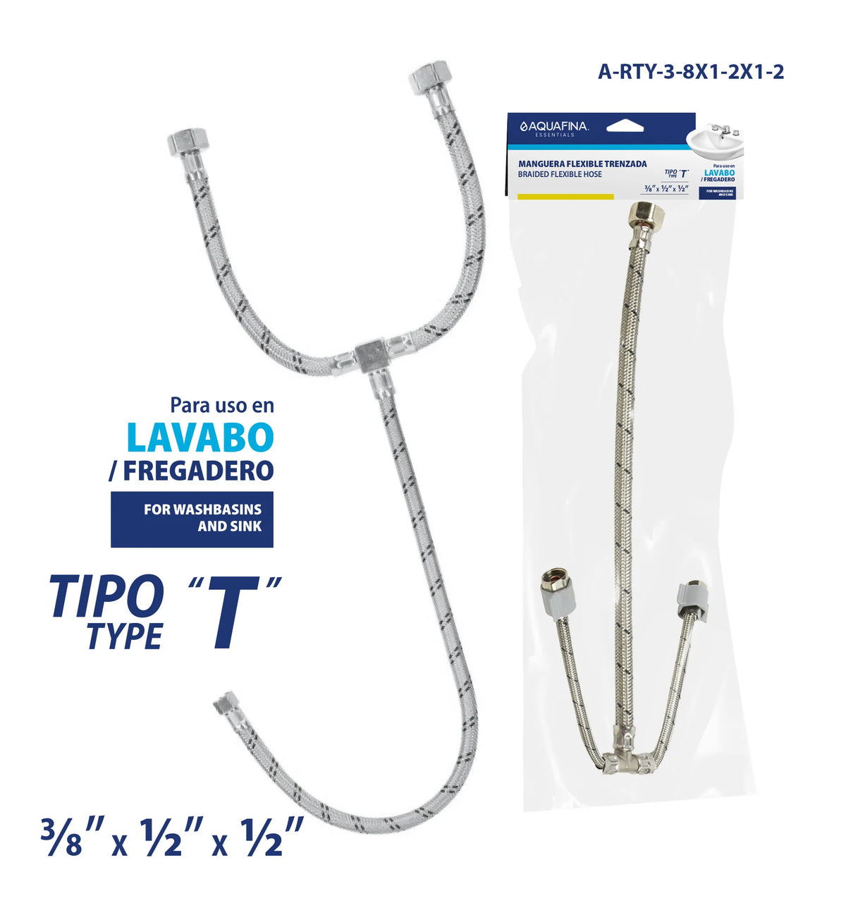 TUBO DE ABASTO FLEXIBLE TIPO T 3/8X1/2PLG AQUA FINA A-RTY-3-8X1-2X1-2