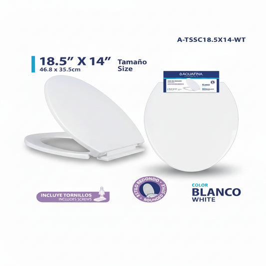 ASIENTO PARA INODORO BLANCO CIERRE SUAVE 18.5X14PLG AQUA FINA A-TSSC18.5X14-WT