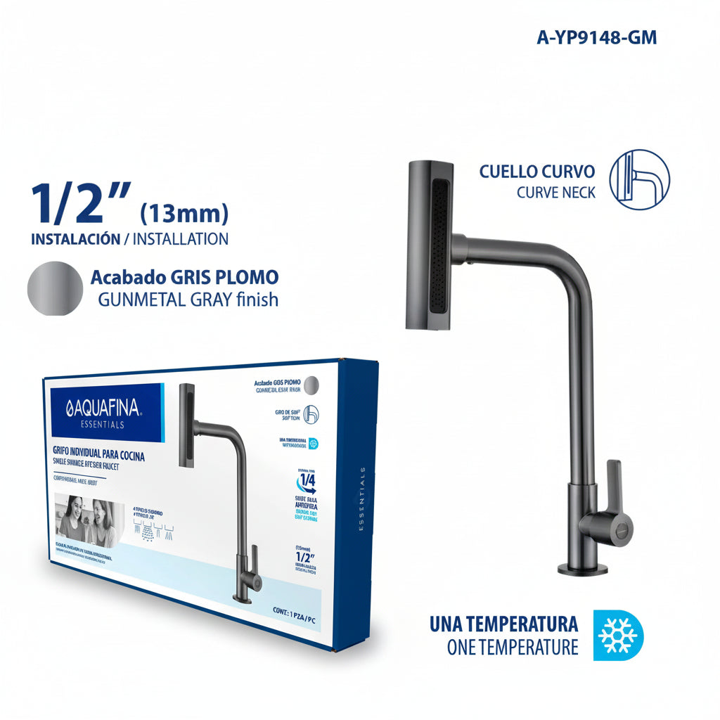 GRIFO PARA FREGADERO CUELLO CURVO GRIS PLOMO 1/2PLG AQUA FINA A-YP9148-GM