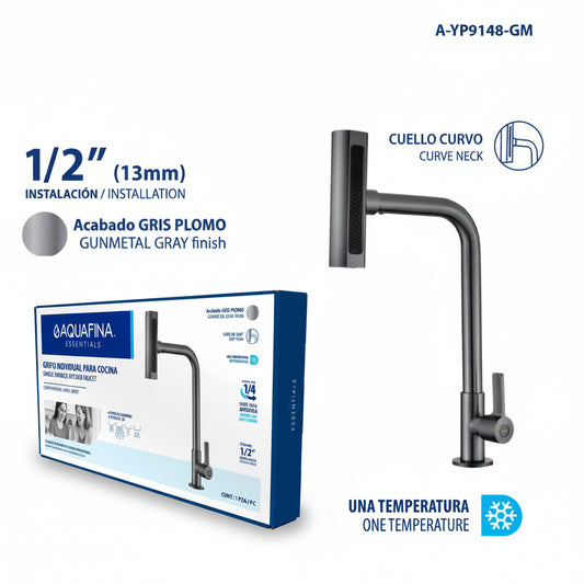 GRIFO PARA FREGADERO CUELLO CURVO GRIS PLOMO 1/2PLG AQUA FINA A-YP9148-GM