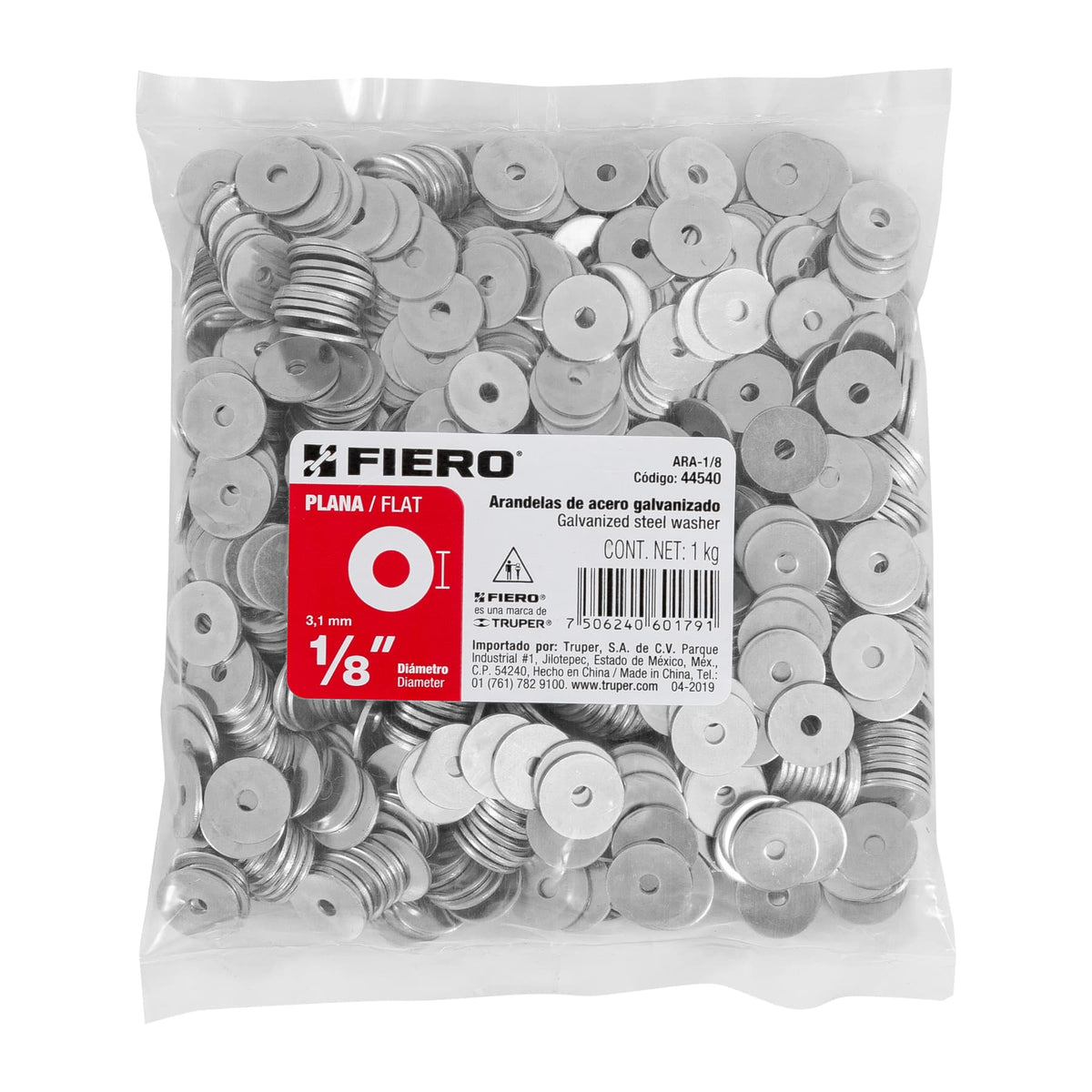 ARANDELAS DE ACERO GALVANIZADO PLANA 1/4 PLG 327 UNIDADES FIERO 44543