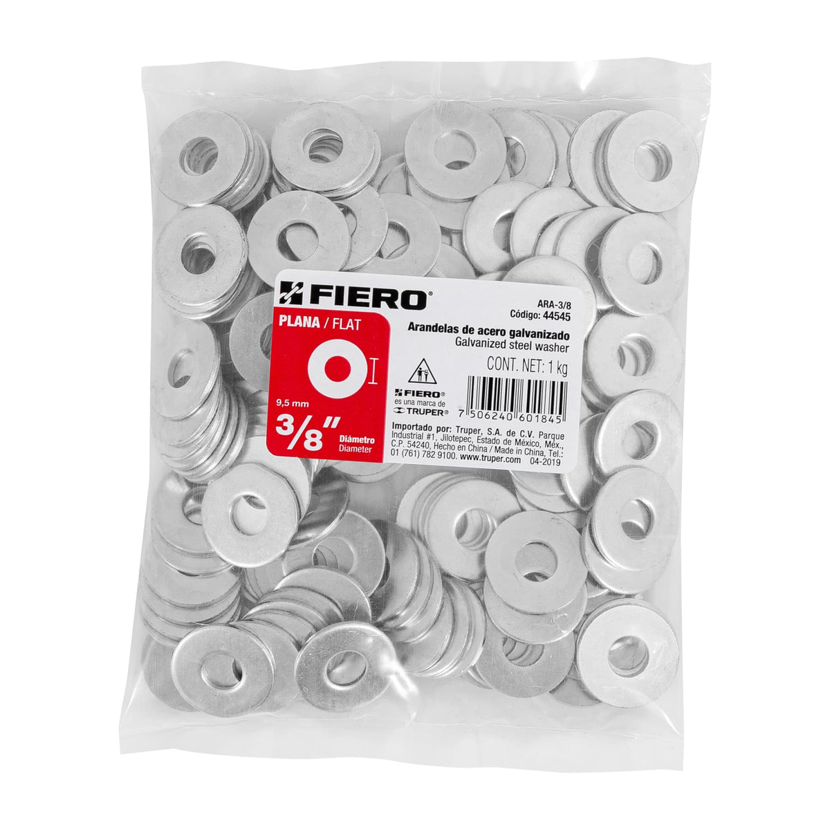 ARANDELAS DE ACERO GALVANIZADO PLANA 3/8 PLG 150 UNIDADES FIERO 44545