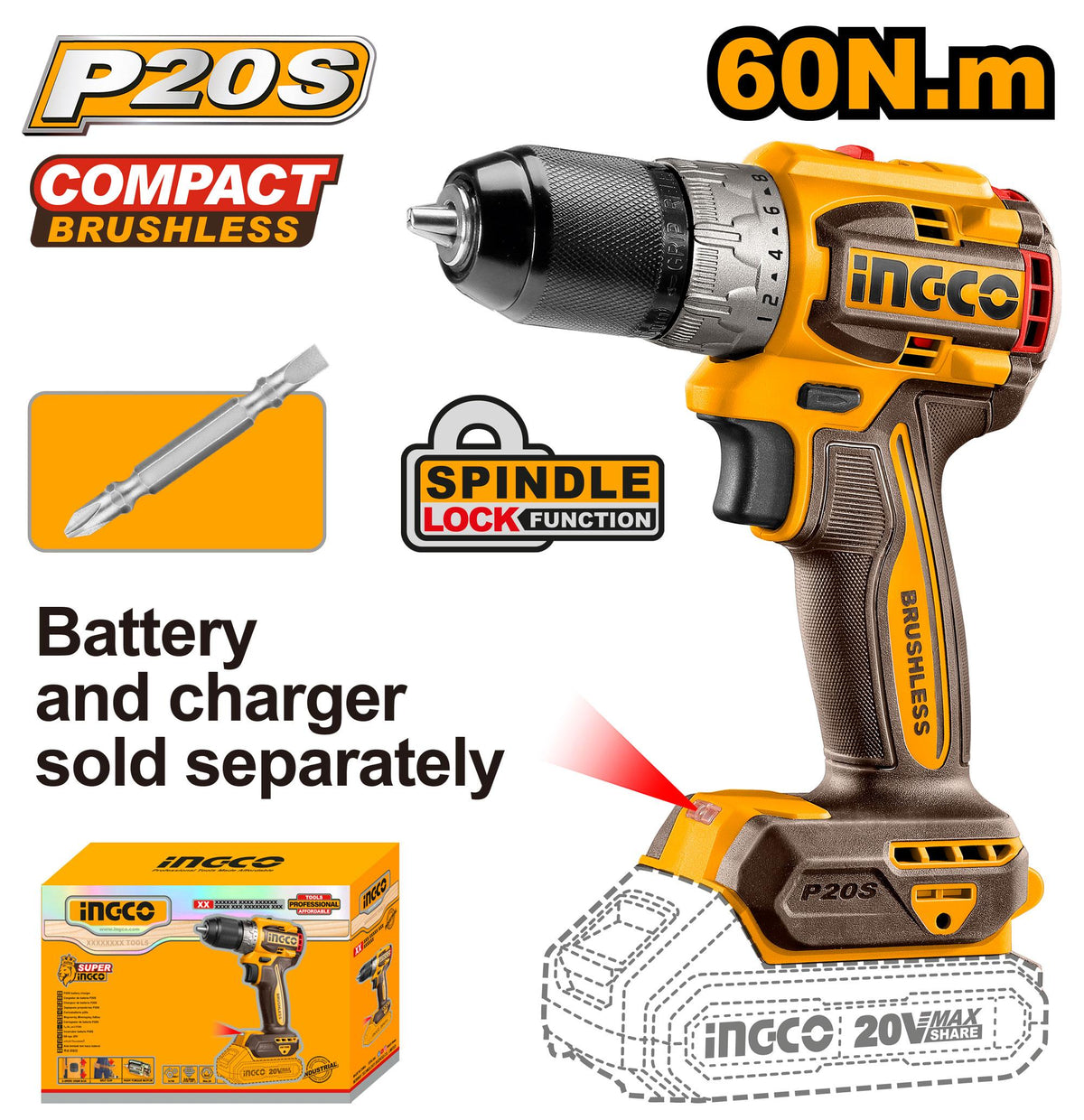 TALADRO ROTATIVO INALAMBRICO 12.7MM 20V A 60 N.M S/B/C CDLI206021 INGCO