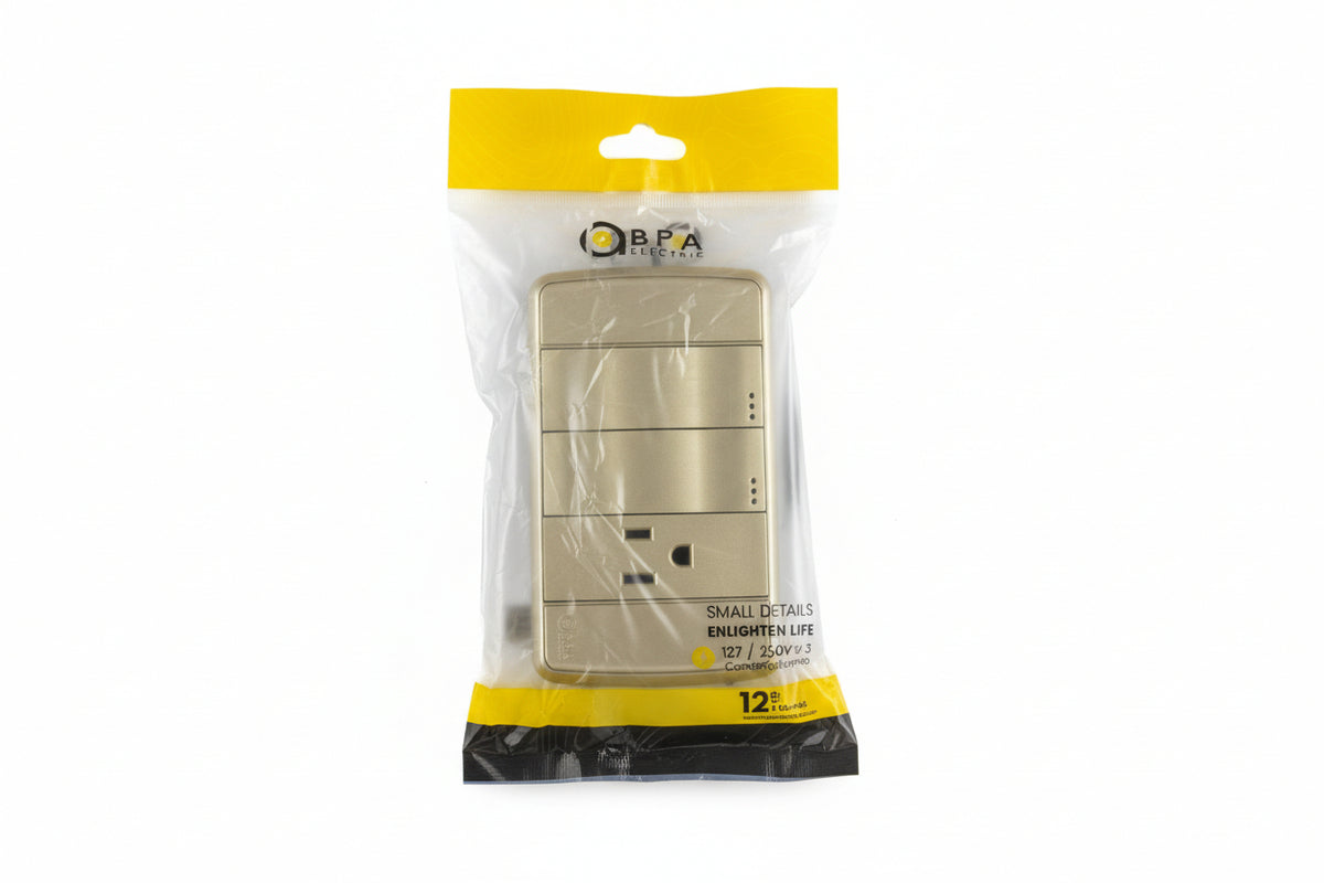 SWITCH DOBLE + TOMA CORRIENTE DORADO 250V 10A BPA ELECTRIC CT00016DO