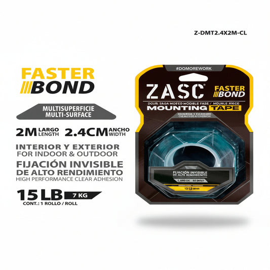 CINTA DOBLE CARA ACRILICO TRANSPARENTE ZASC 2.4CMX2M Z-DMT2.4X2M-CL