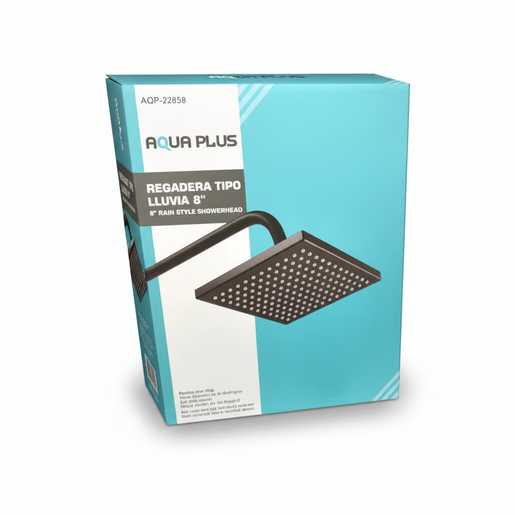 DUCHA CUADRADA NEGRA DE 8PLG AQP-22858 AQUA PLUS