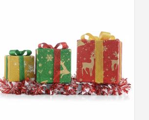 DECORACION NAVIDEÑA TIPO REGALO CON LUZ 3 PIEZAS