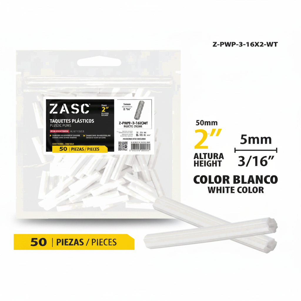 SET DE ANCLA TACO PLASTICA BLANCA ZASC  3/16X2 PLG Z-PWP-3-16X2-WT
