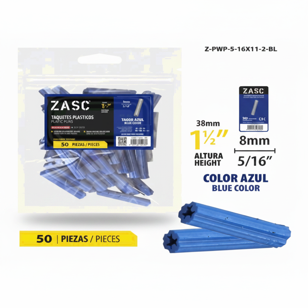 SET DE ANCLA TACO PLASTICA CELESTE 5/16X1 1/2 PLG ZASC Z-PWP-5-16X11-2-BL