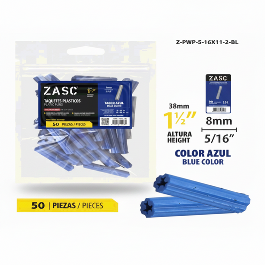 SET DE ANCLA TACO PLASTICA CELESTE 5/16X1 1/2 PLG ZASC Z-PWP-5-16X11-2-BL