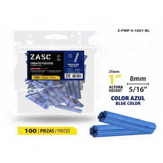 SET DE ANCLA TACO PLASTICA CELESTE 5/16X1 PLG ZASC Z-PWP-5-16X1-BL