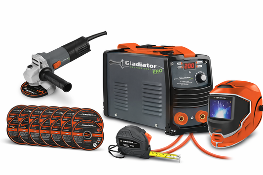 KIT SOLDADOR INVERSOR 200/160A CON ESMERILADORA+10 DISCOS+CARETA+CINTA METRICA