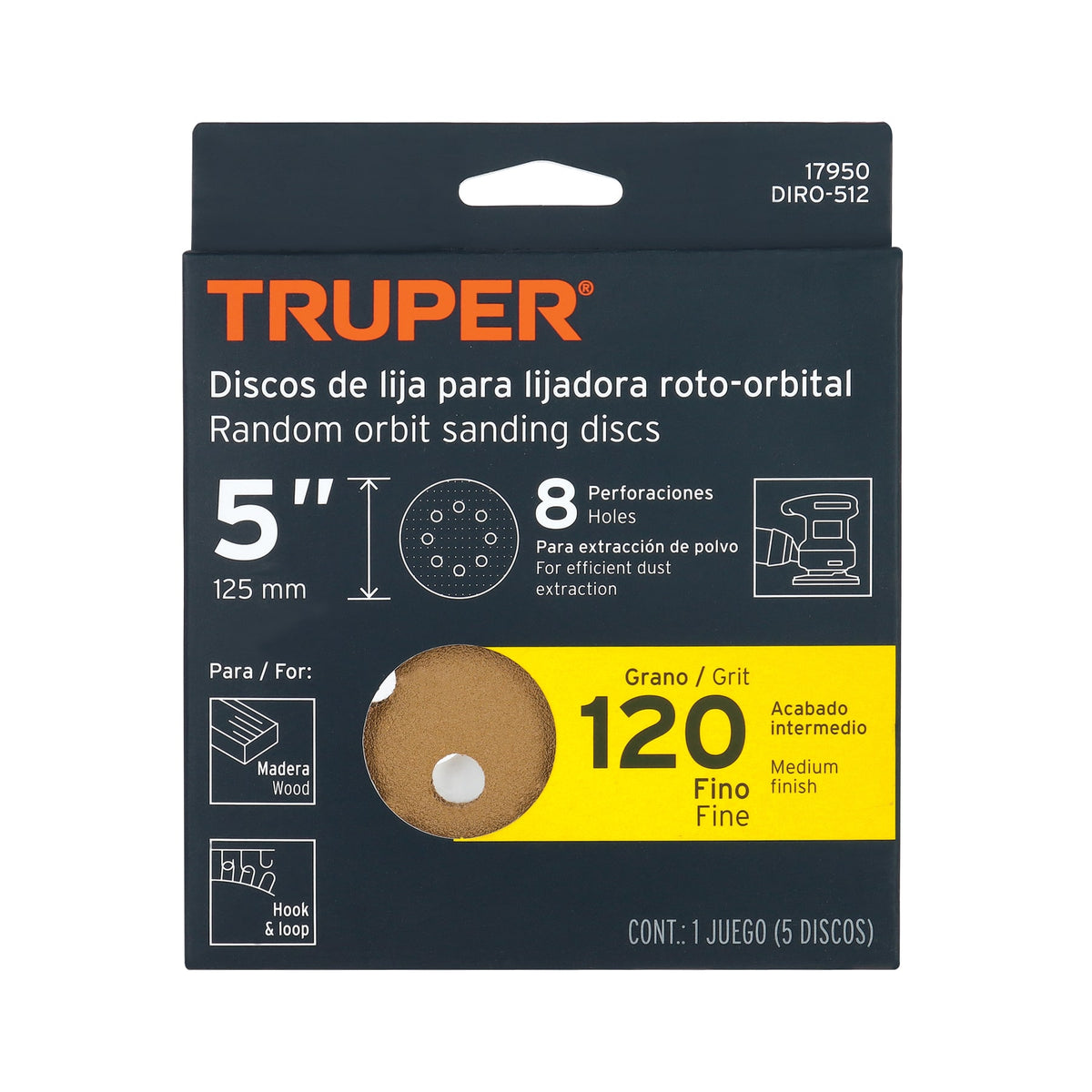 SET DISCO PARA LIJADORA ROTO-ORBITAL LIJA 5 PLG GRANO #120 17950 TRUPER