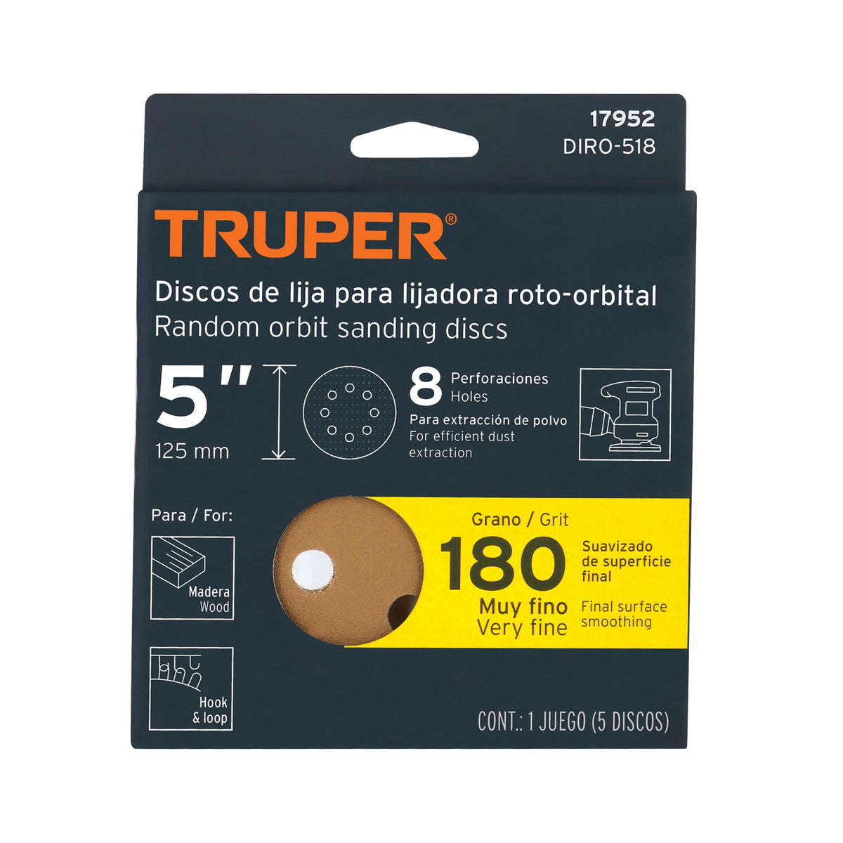 SET DISCO PARA LIJADORA ROTO-ORBITAL LIJA 5 PLG GRANO #180 17952 TRUPER