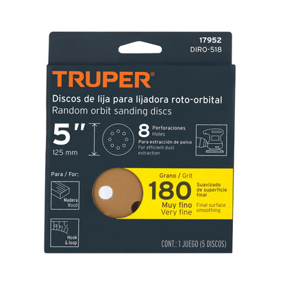 SET DISCO PARA LIJADORA ROTO-ORBITAL LIJA 5 PLG GRANO #180 17952 TRUPER