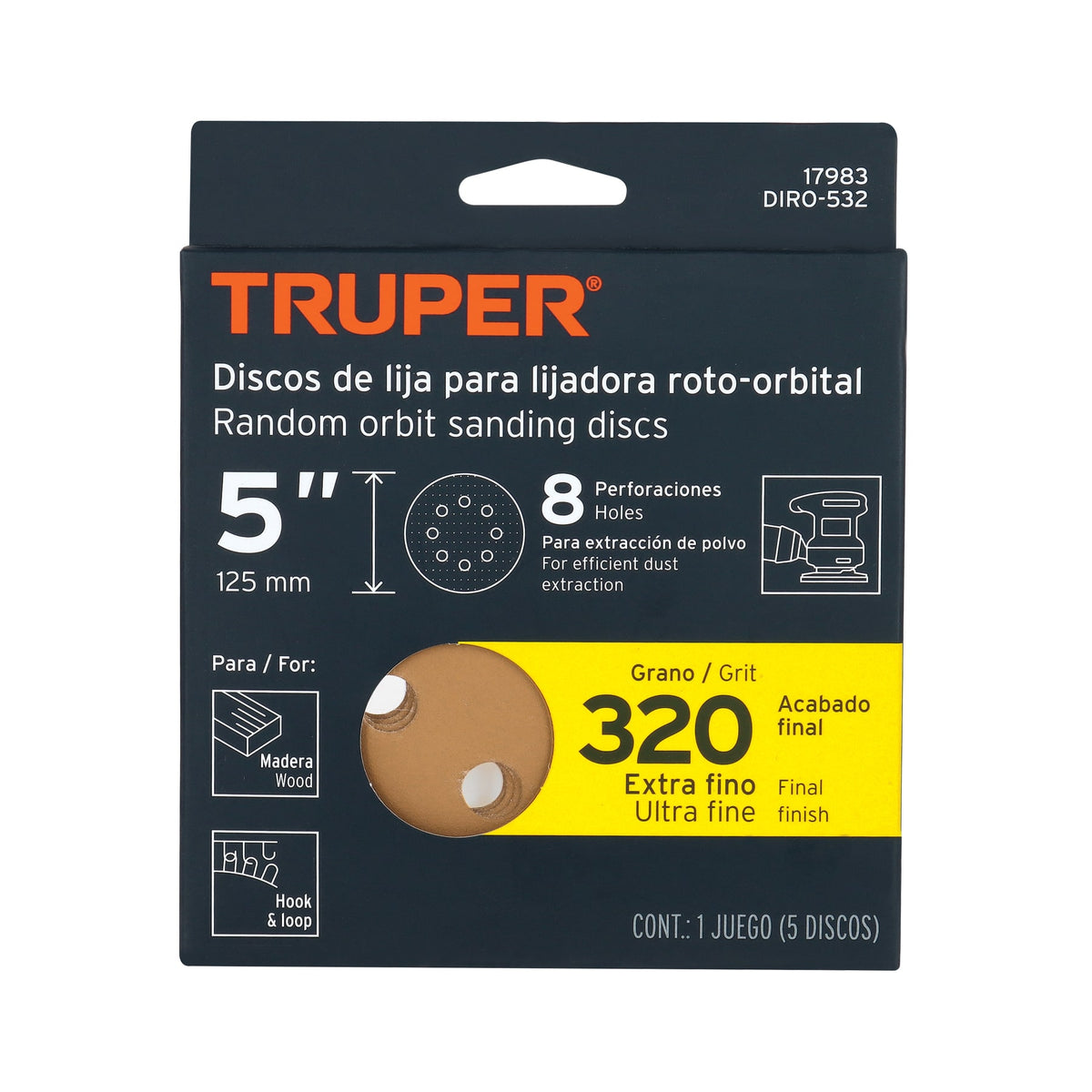 SET DISCO PARA LIJADORA ROTO-ORBITAL LIJA 5 PLG GRANO #320 17983 TRUPER