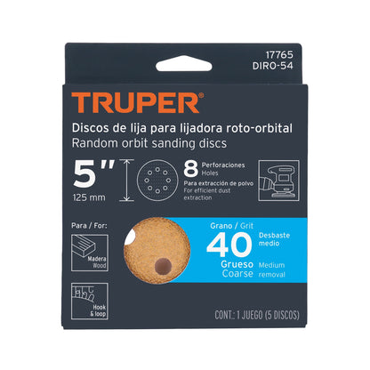 SET DISCO PARA LIJADORA ROTO-ORBITAL LIJA 5 PLG GRANO #40 17765 TRUPER