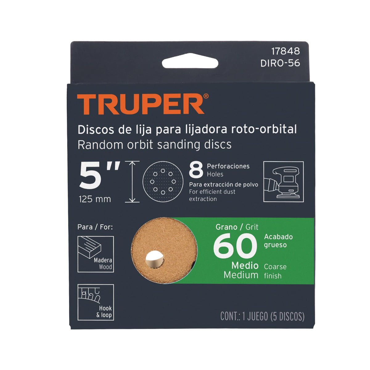 SET DISCO PARA LIJADORA ROTO-ORBITAL LIJA 5 PLG GRANO #60 17848 TRUPER