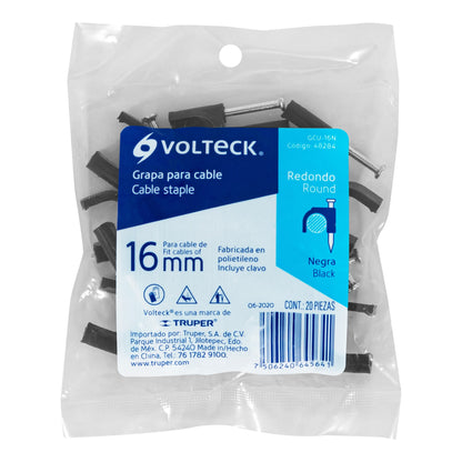 GRAPA PLASTICA P/CABLE REDONDO 16MM 20PZS NEGRA VOLTECK 48284