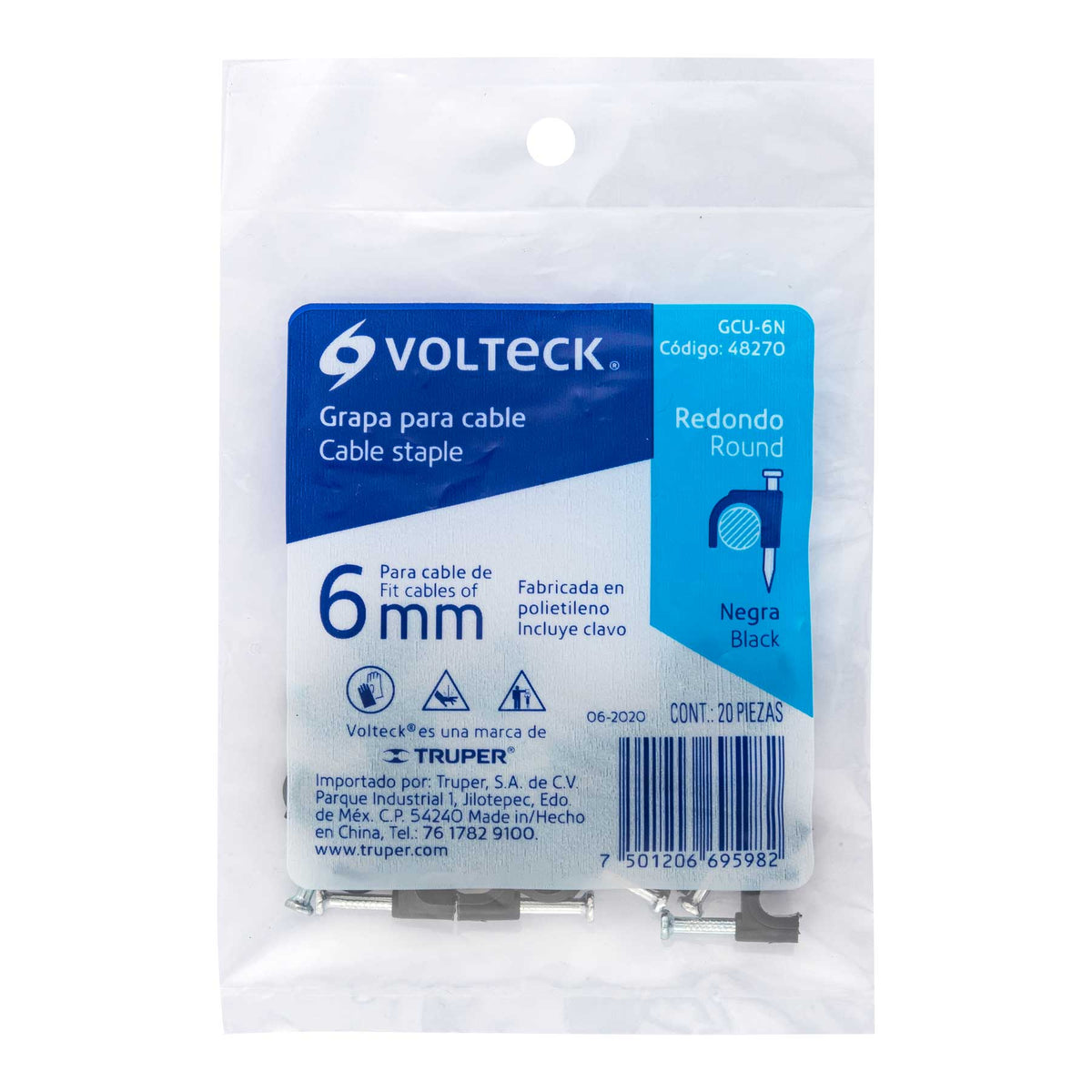 GRAPA PLASTICA P/CABLE REDONDO 6MM 20PZS NEGRA VOLTECK 48270