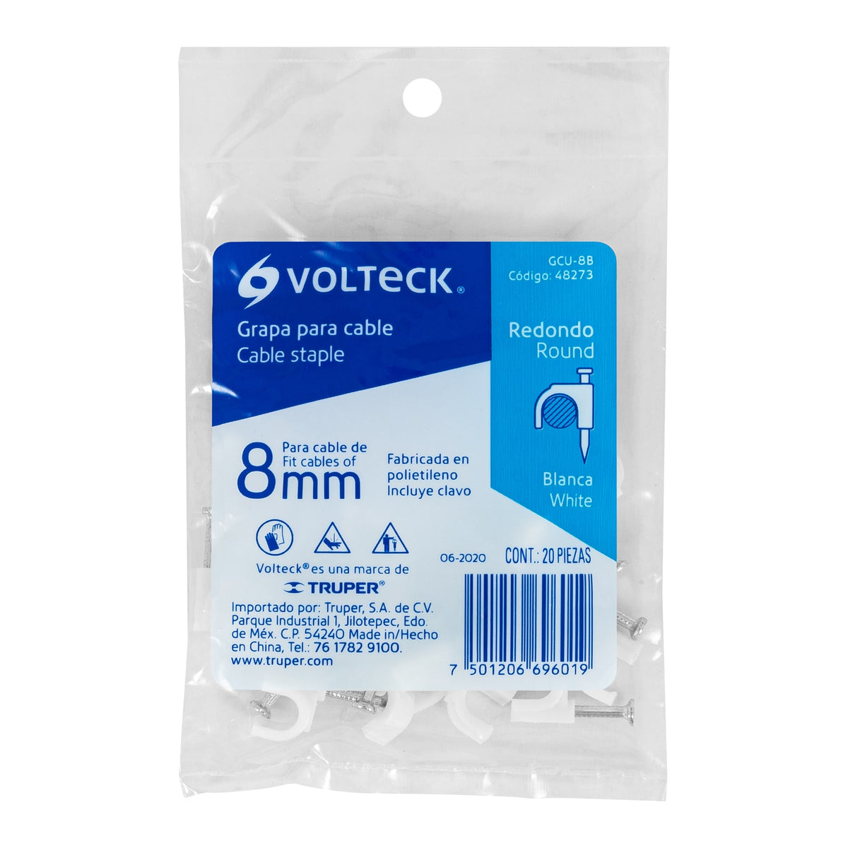 GRAPA PLASTICA P/CABLE REDONDO 8MM 20PZS BLANCA VOLTECK 48273