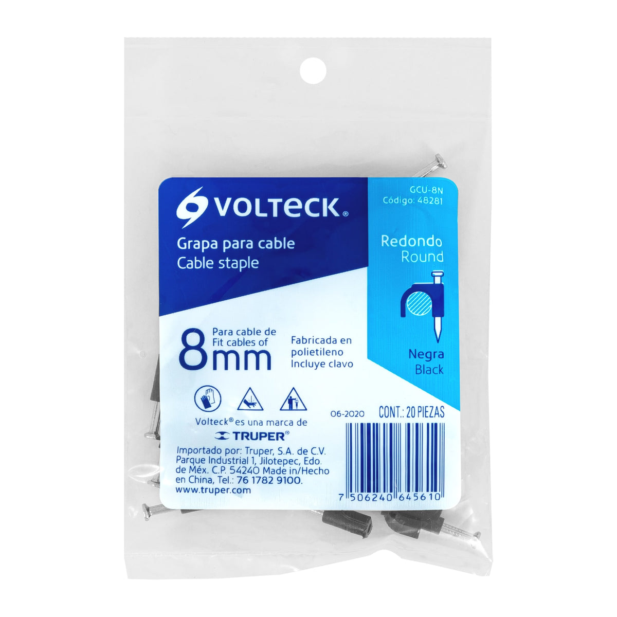 GRAPA PLASTICA P/CABLE REDONDO 8MM 20PZS NEGRA VOLTECK 48281