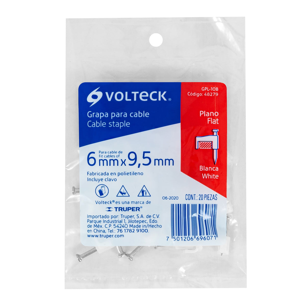 GRAPA PLASTICA P/CABLE PLANO 6X9.5MM BLANCA VOLTECK 48279
