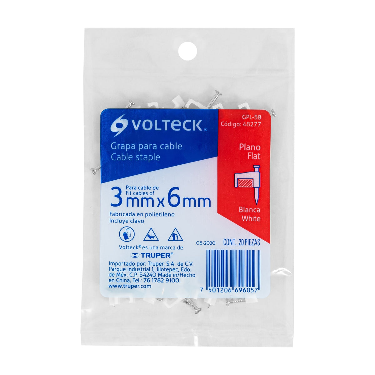 GRAPA PLASTICA P/CABLE PLANO 3X6MM 20PZS BLANCA VOLTECK 48277