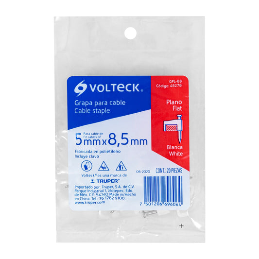 GRAPA PLASTICA PARA CABLE PLANO 5X8.5MM 20PZS BLANCA VOLTECK 48278