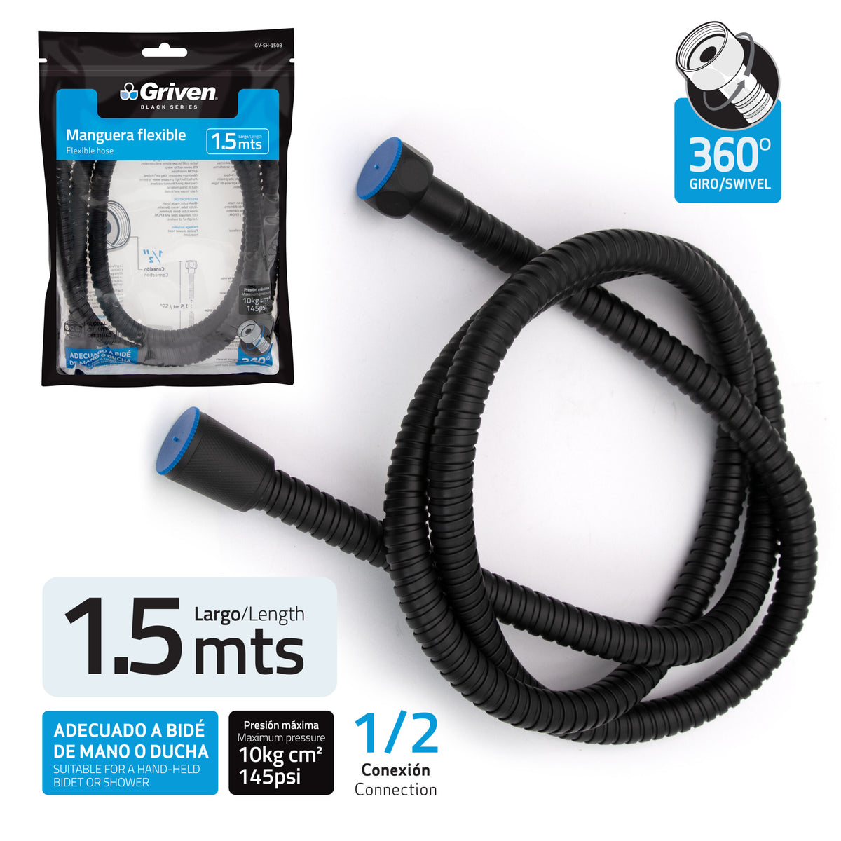 MANGUERA FLEXIBLE PARA DUCHA 1.5 MTS GRIVEN  GV-SH-150B
