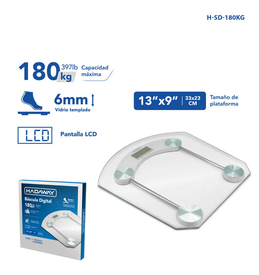 BASCULA DIGITAL DE VIDRIO HADAWAY H-SD-180KG