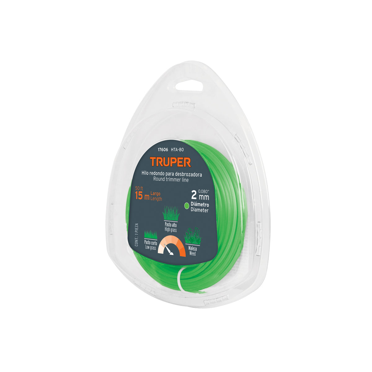 HILO CORTE REDONDO 2MMX15M PARA ORILLADORA VERDE TRUPER 17606