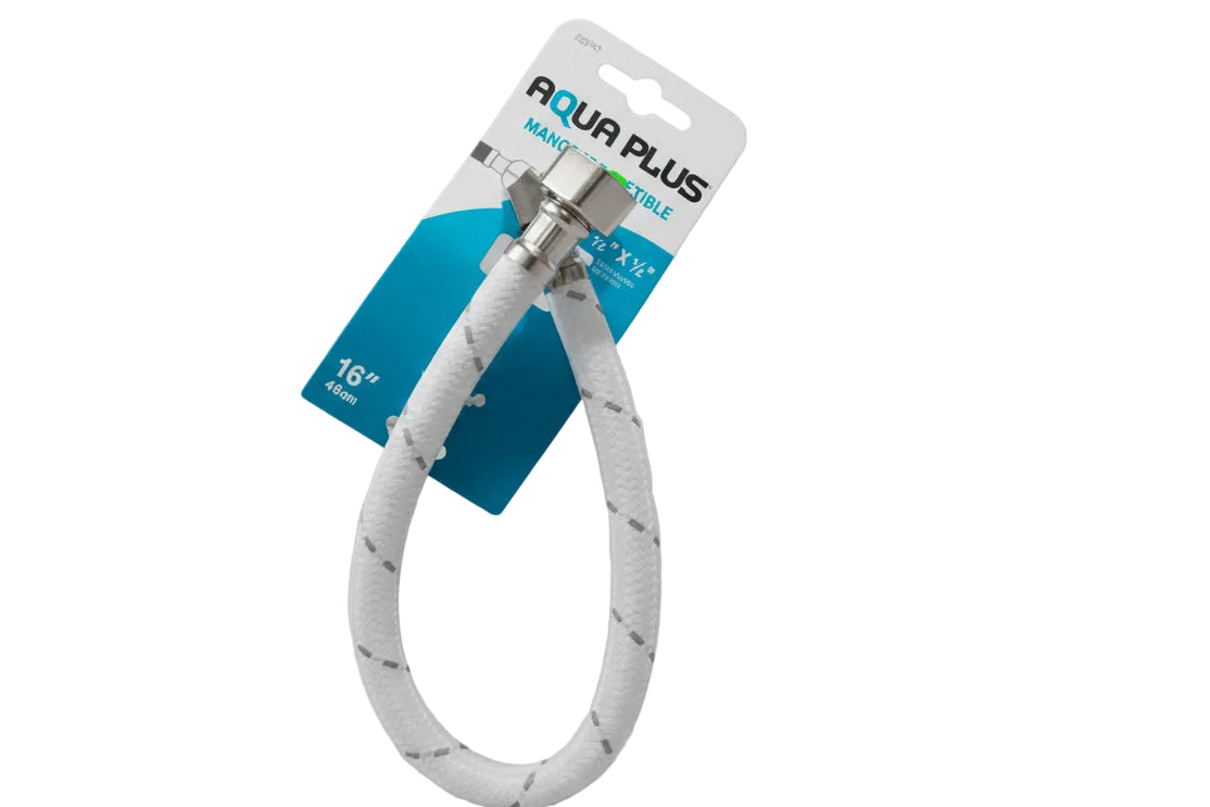 TUBO DE ABASTO FLEXIBLE 1/2” X 3/8” · 16 PLG · AQUA PLUS · AQP-23033