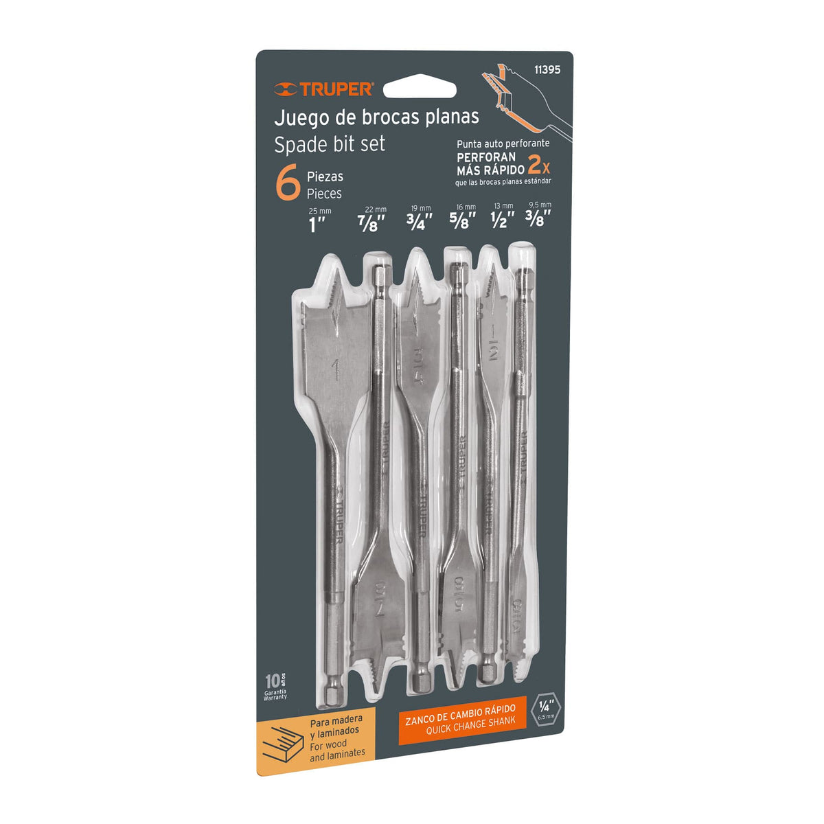 JUEGO DE 6 BROCAS PLANAS 3/8 A 1 PLG  TRUPER 11395