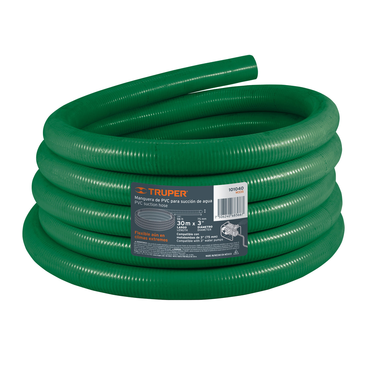 METRO MANGUERA RIGIDA DE SUCCION PARA BOMBA ACHICADORA 3plg COLOR VERDE TRUPER 101040