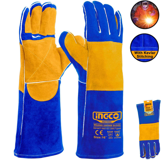 GUANTE CUERO MANGA LARGA 40.64 cm PARA SOLDAR AZUL/AMARILLO INGCO HGVW04