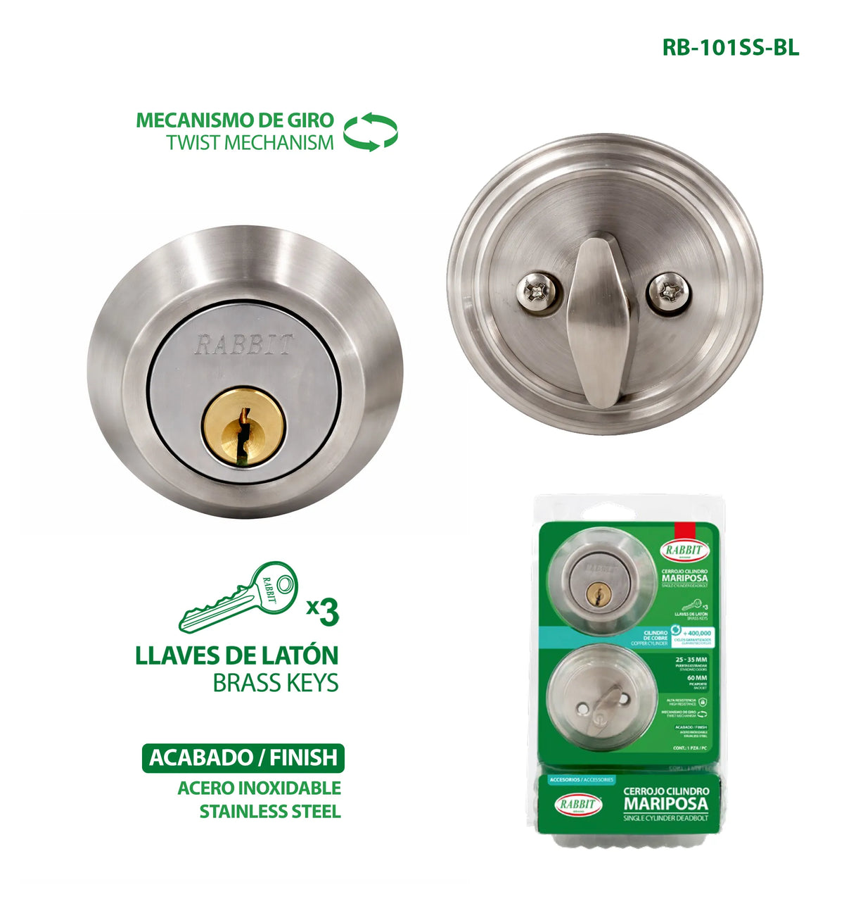 CERROJO CILINDRO LLAVE-MARIPOSA ACERO RB-101SS-BL RABBIT