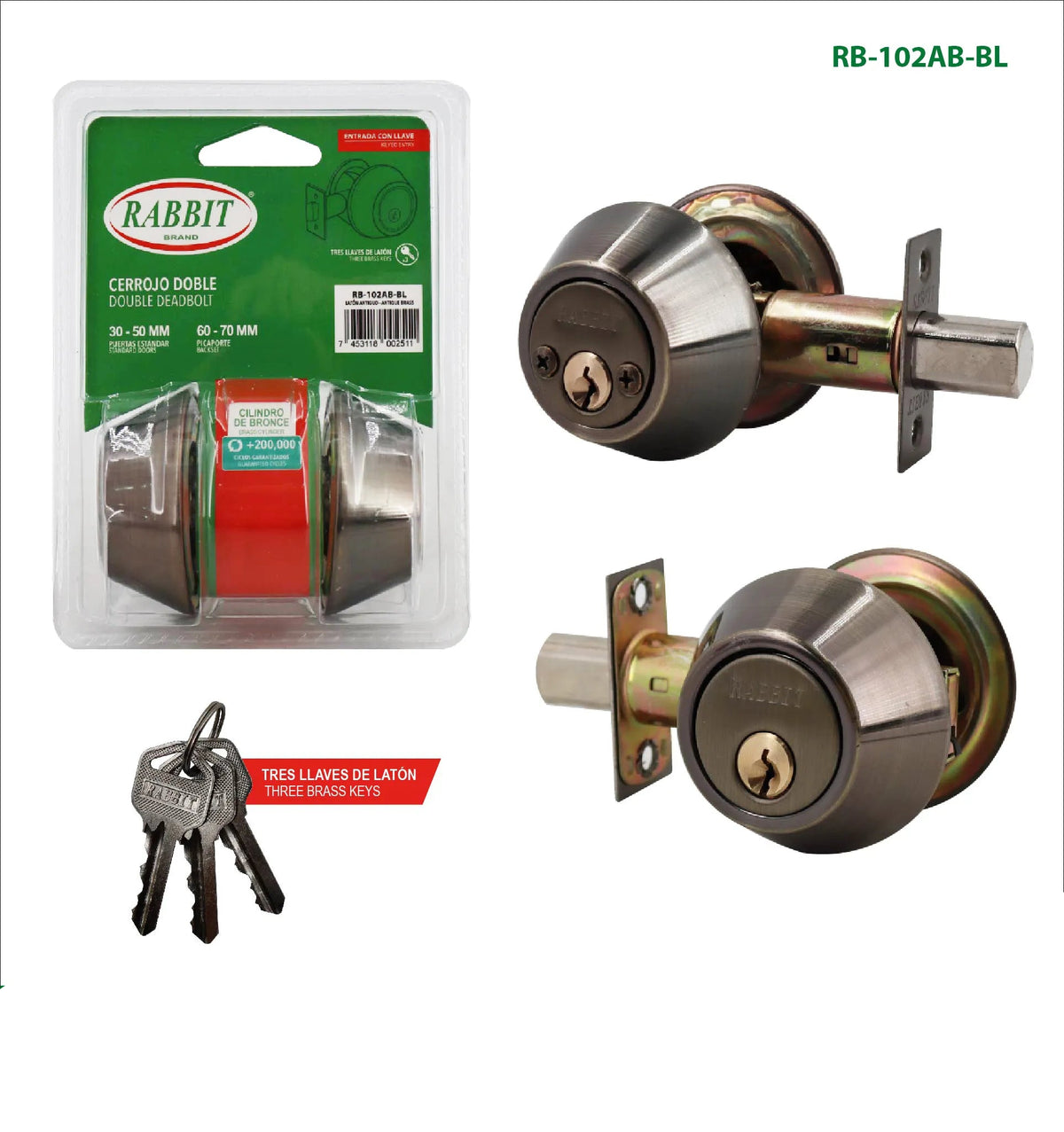 CERROJO CILINDRO LLAVE-LLAVE LATON ANTIGUO RB-102AB-BL RABBIT