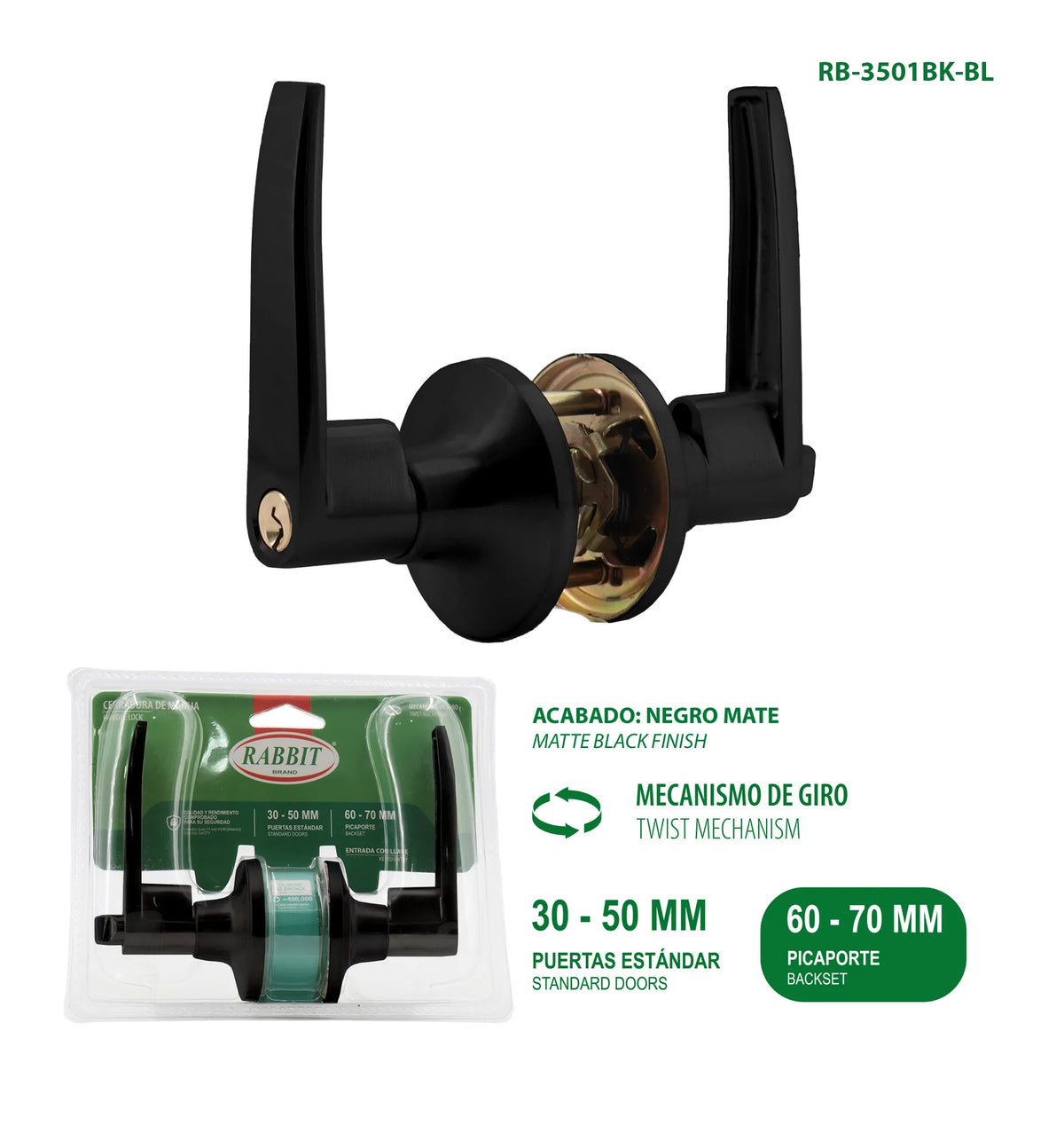 CERRADURA MANIJA NEGRA MATE RABBIT RB-3501BK-BL