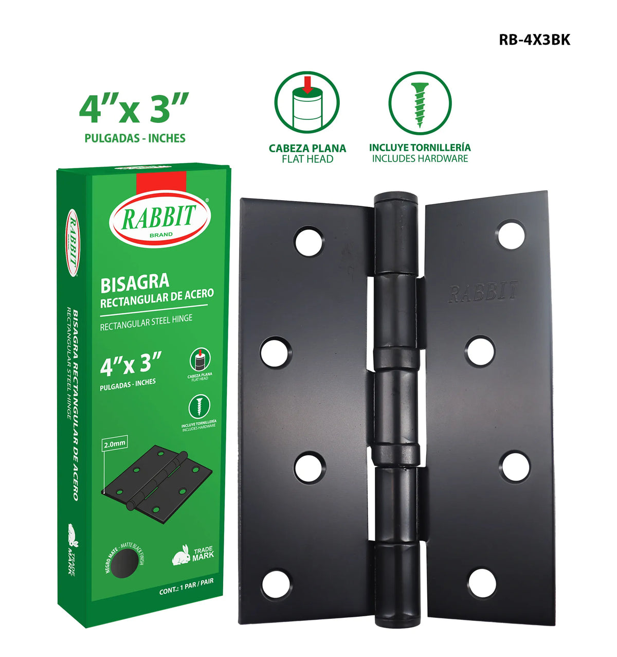 BISAGRA DE ACERO NEGRO 4X3 PLG 2.00MM RABBIT RB-4X3BK