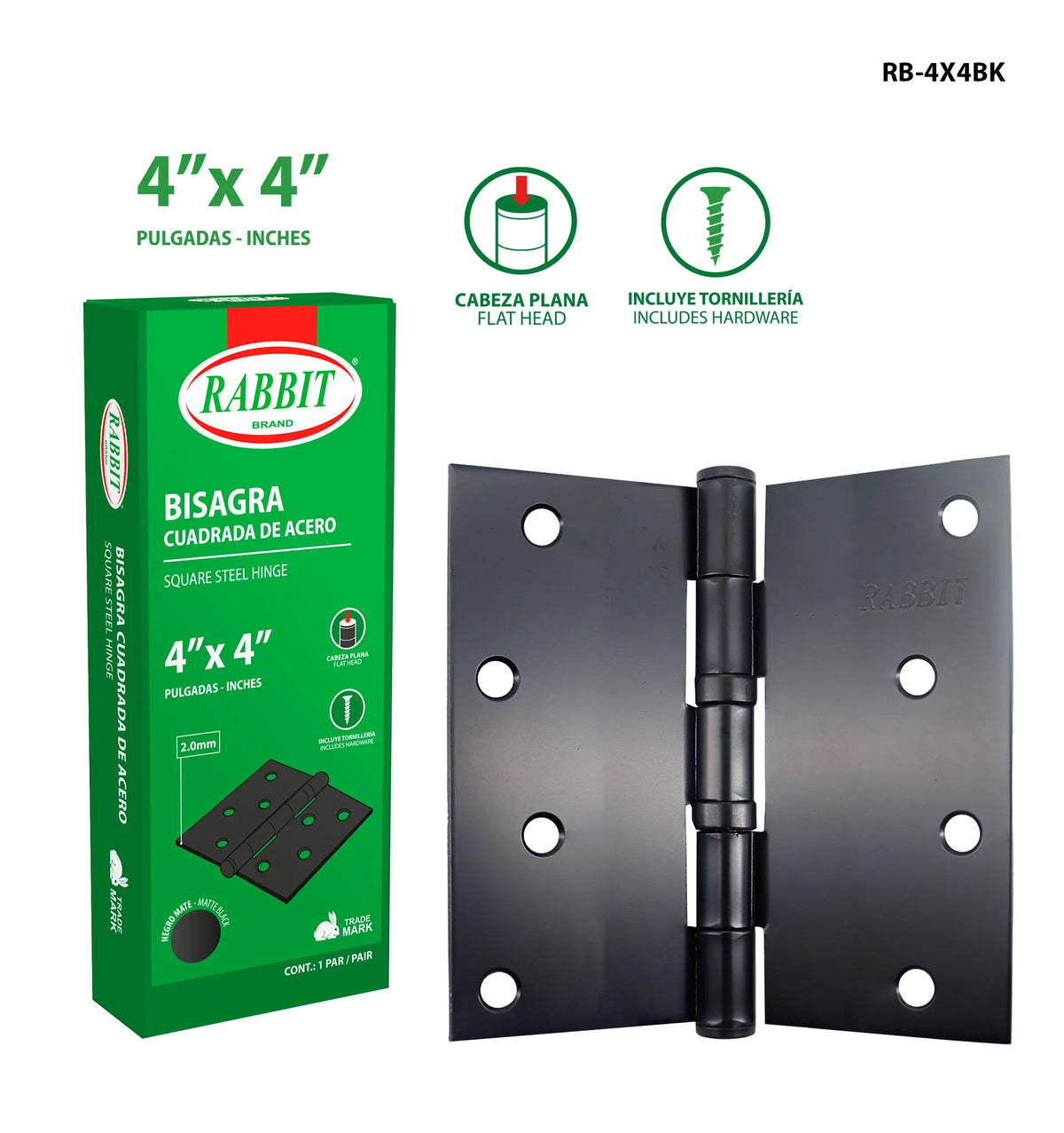 BISAGRA DE ACERO NEGRO 4X4PLG 2.2MM RABBIT RB-4X4BK