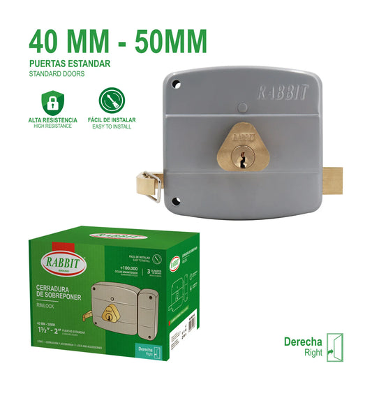 CERRADURA DE SOBREPONER DERECHA GRIS 40-50MM RABBIT RB-50231-R