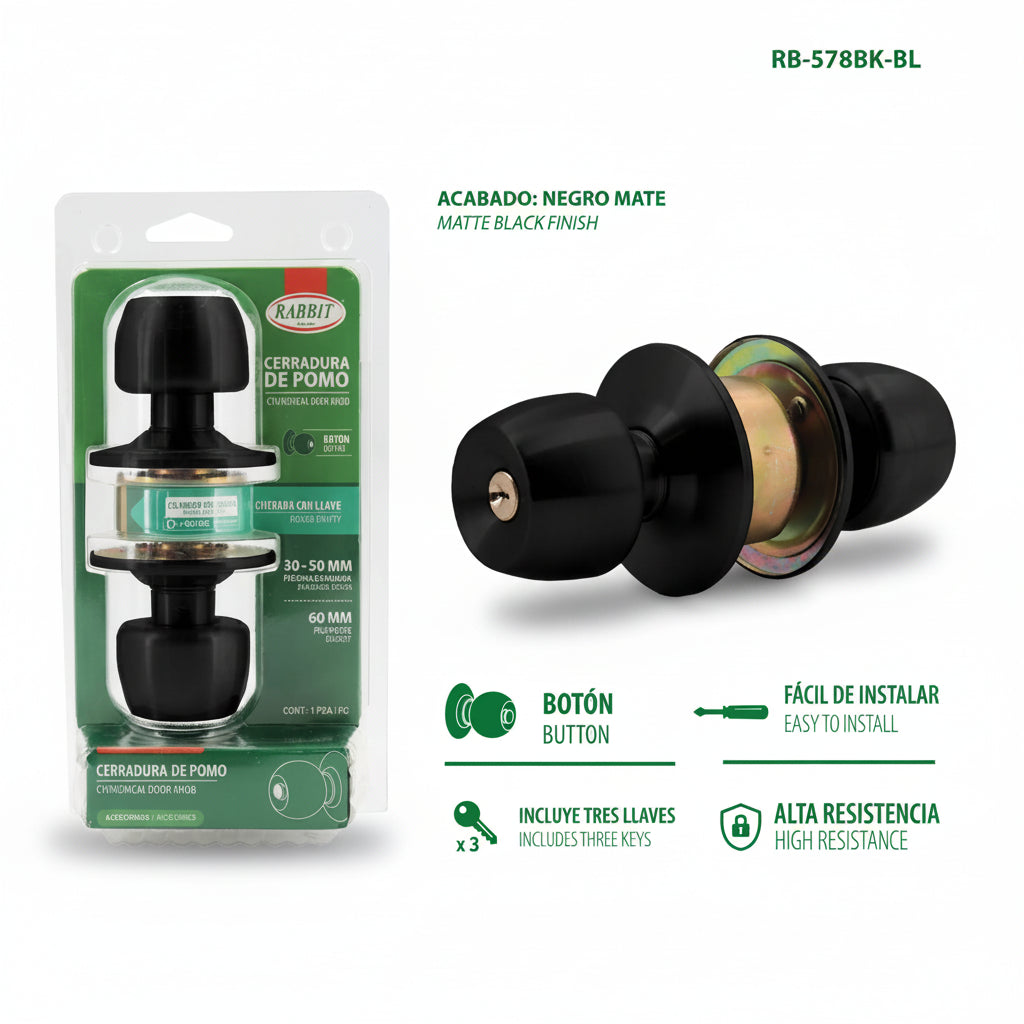 CERRADURA DE POMO NEGRO MATE  RABBIT RB-578BK-BL