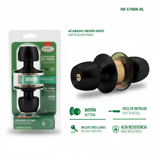 CERRADURA DE POMO NEGRO MATE  RABBIT RB-578BK-BL