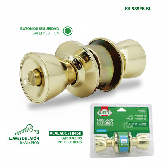 CERRADURA DE POMO LATON PULIDO RABBIT RB-588PB-BL