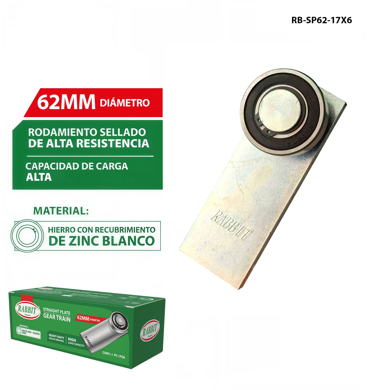RODO AEREO PARA PORTON CON PLATINA 62MM RABBIT RB-SP62-17X6