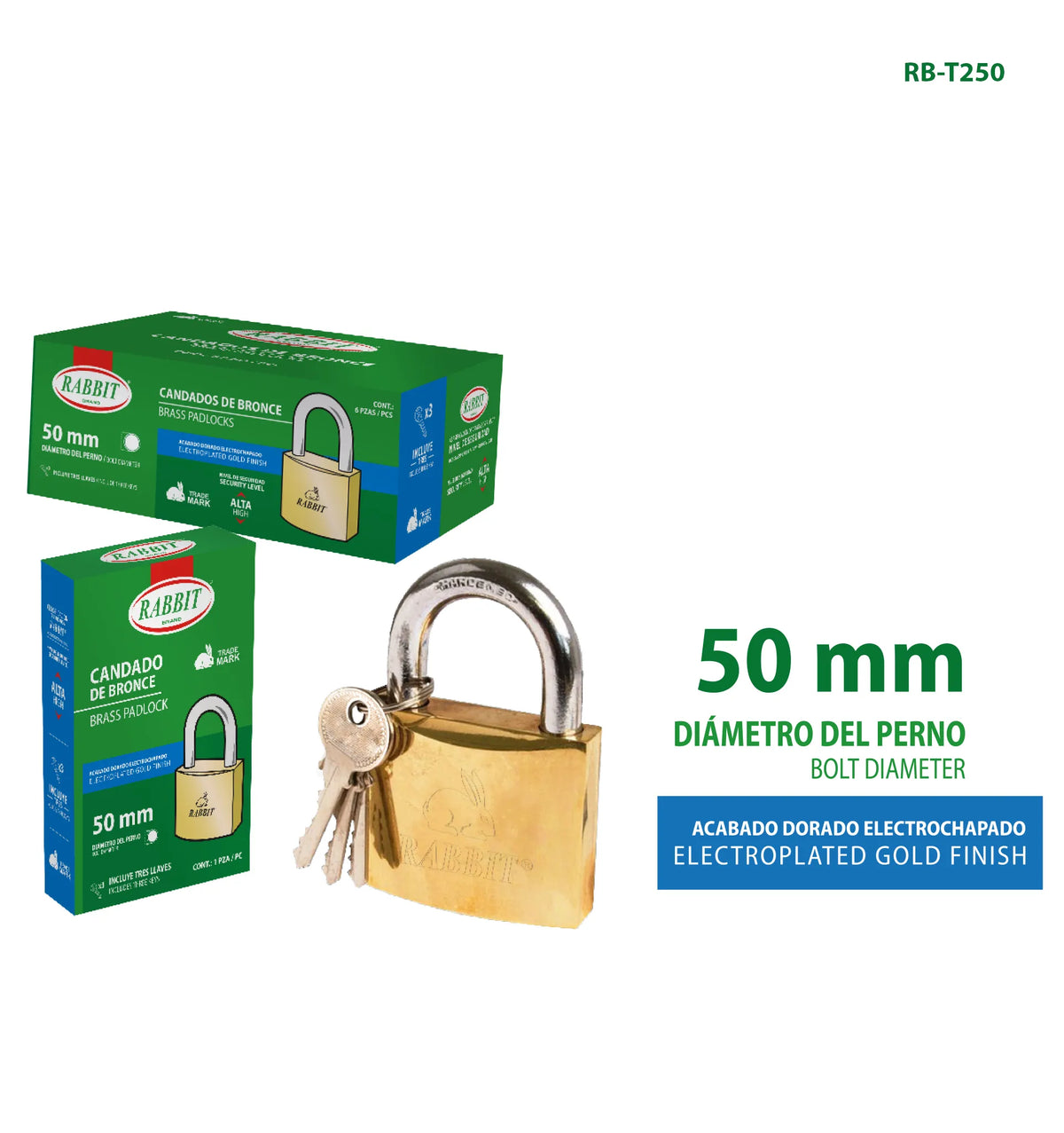 CANDADO DE BRONCE DORADO 50MM RABBIT RB-T250