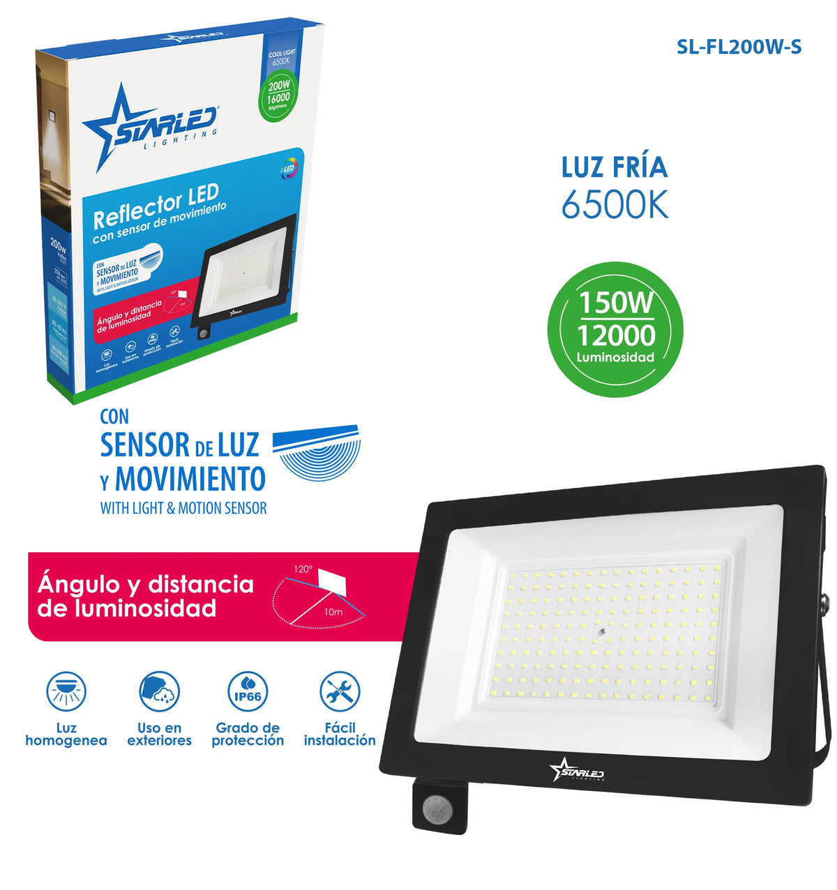 REFLECTOR LED CON SENSOR DE MOVIMIENTO 200W 12000LM STARLED SL-FL200W-S